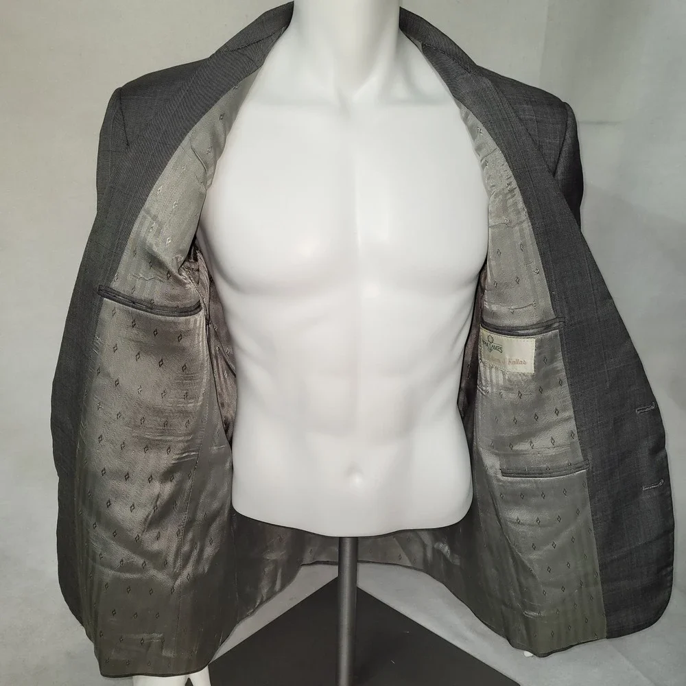 TOM JAMES Mens Gray Plaid Wool Blend Suit Jacket‎ Blazer 42R Custom Tailored USA